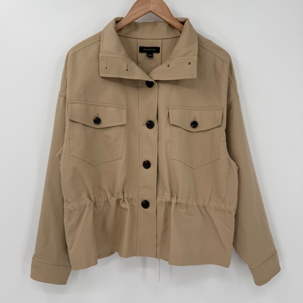 Ann Taylor Utility Jacket Tan Cotton Stretch Drawstring Waist Women Large